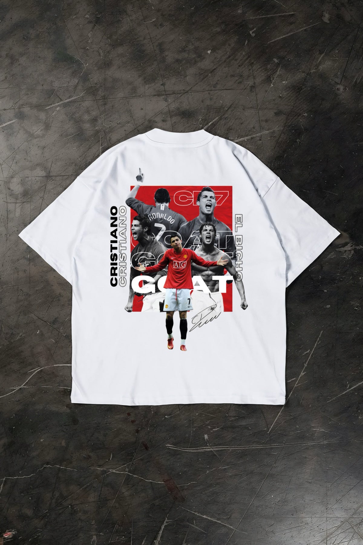 White t-shirt with Cristiano Ronaldo graphics and text on a dark textured background