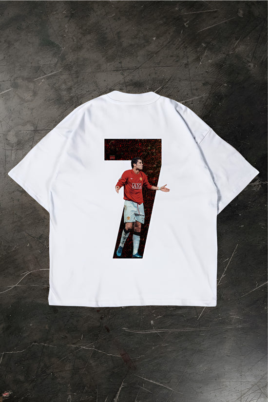 White t-shirt with a graphic of a Cristiano Ronaldo on a dark textured background