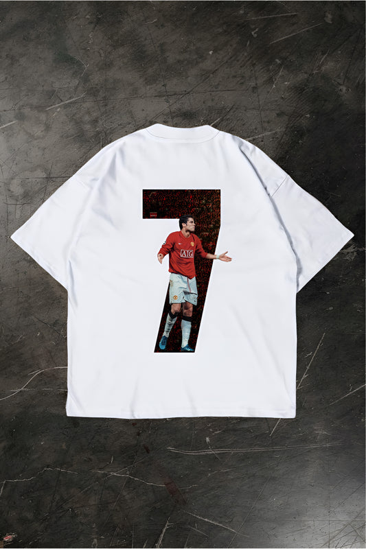 White t-shirt with a graphic of a Cristiano Ronaldo on a dark textured background