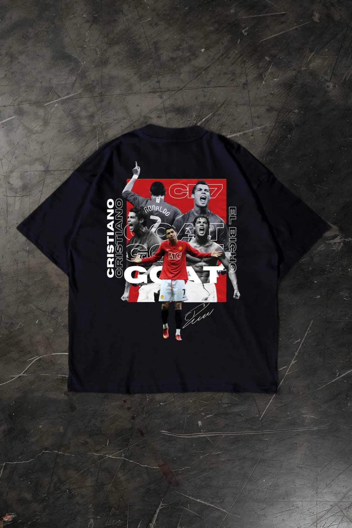 Black t-shirt with a graphic design of Cristiano Ronaldo and text on a dark textured surface