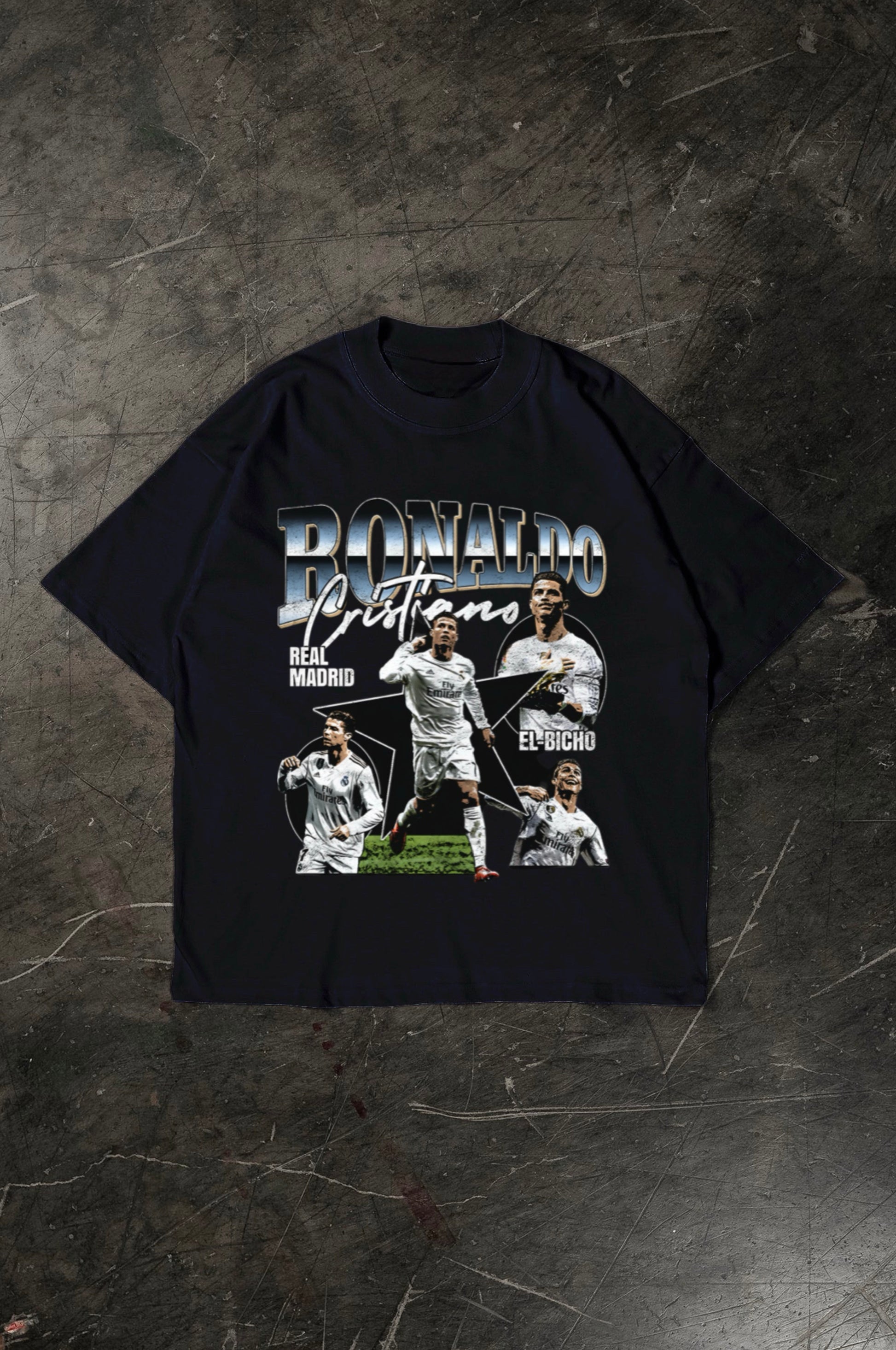 Black t-shirt with Cristiano Ronaldo graphics and text on a textured gray background