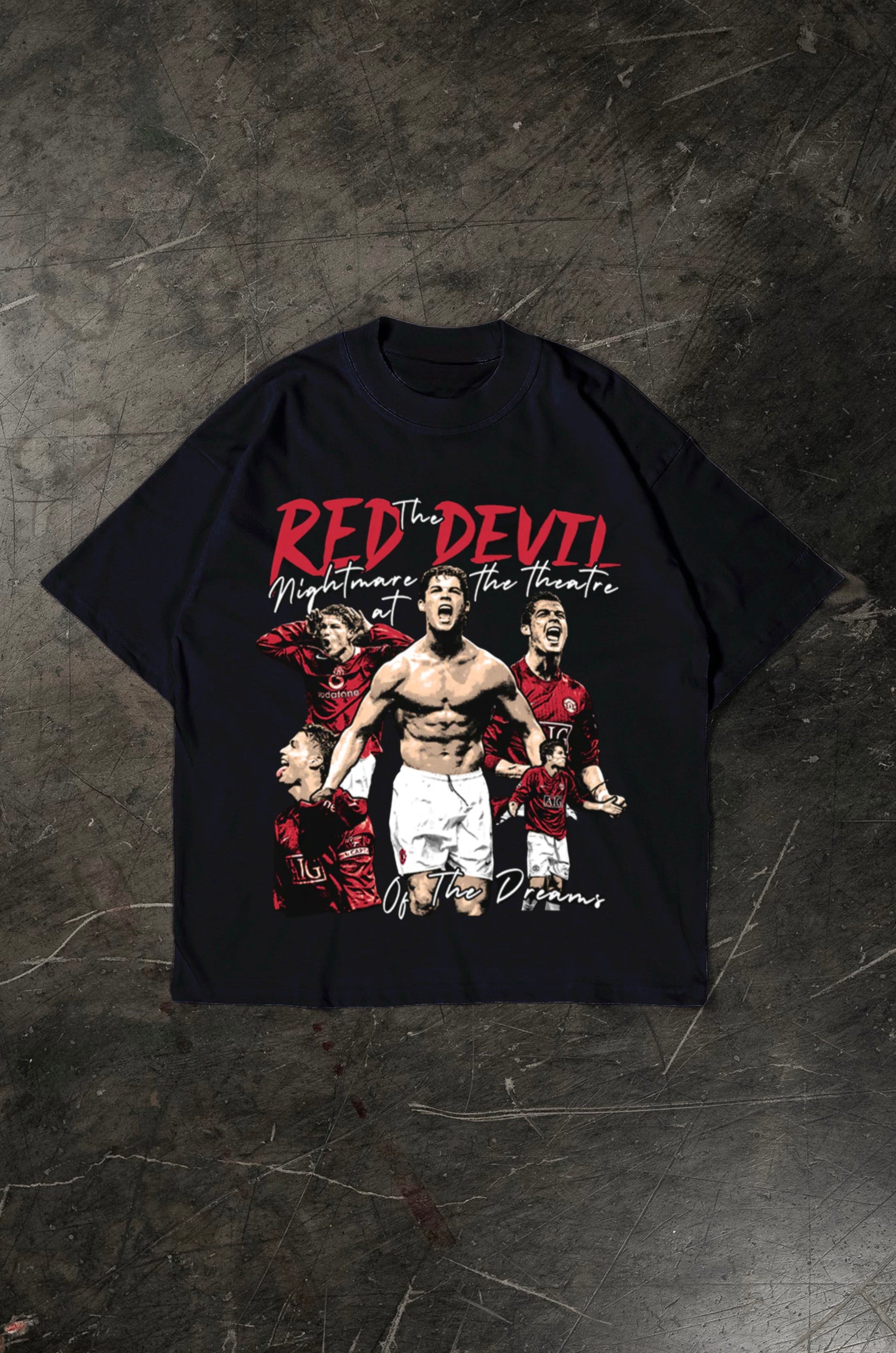 Black t-shirt with graphic design of Cristiano Ronaldo and text on a textured dark background