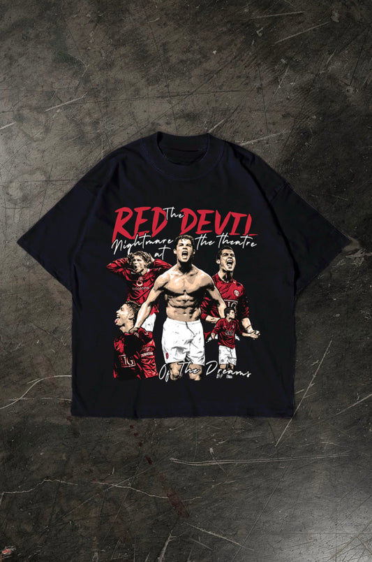 Black t-shirt with graphic design of Cristiano Ronaldo and text on a textured dark background