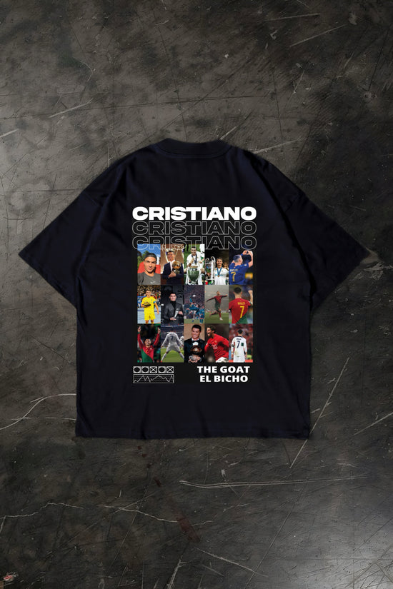 Black t-shirt with Cristiano Ronaldo graphic on a dark textured surface