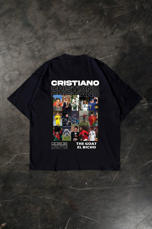 Black t-shirt with Cristiano Ronaldo graphic on a dark textured surface