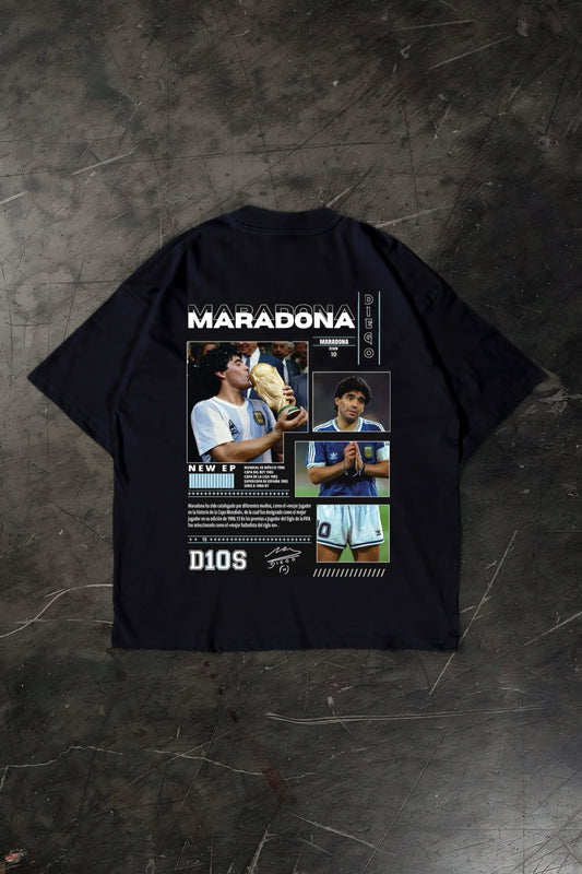 Black t-shirt with Maradona graphic design on a dark textured background