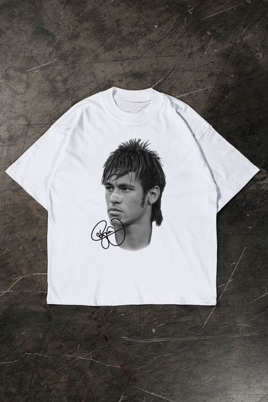 White t-shirt with a graphic of a Neymar Jr and signature on a dark textured surface