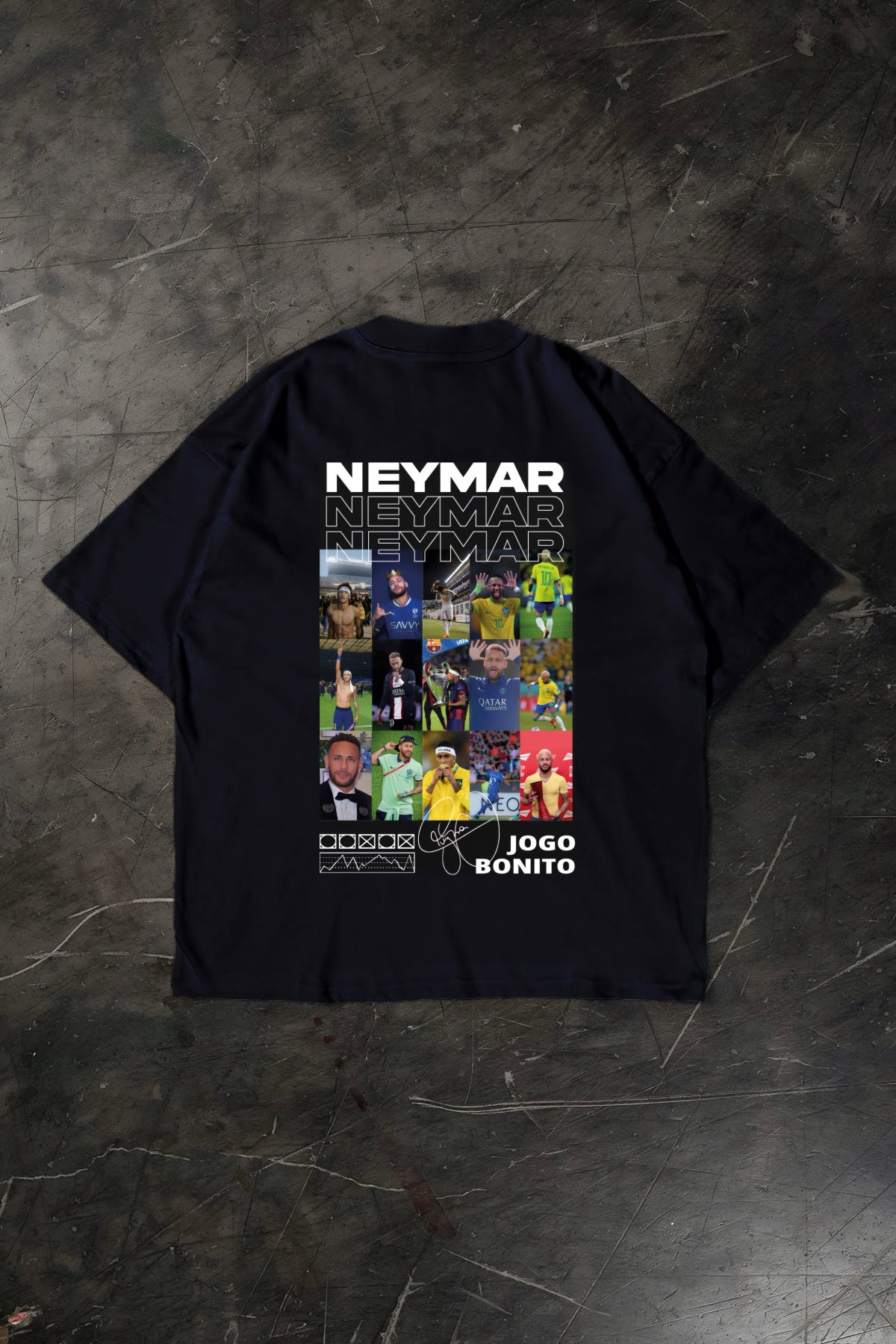 Black t-shirt with Neymar collage design on a dark textured background