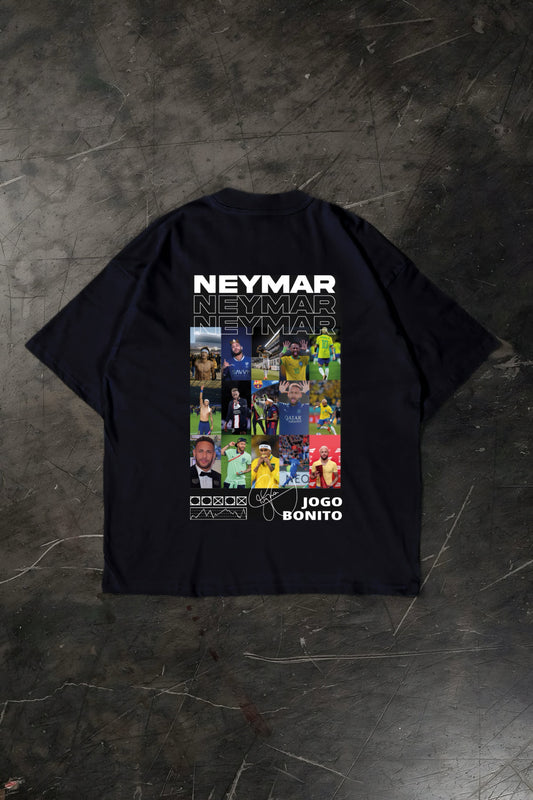 Black t-shirt with Neymar collage design on a dark textured background