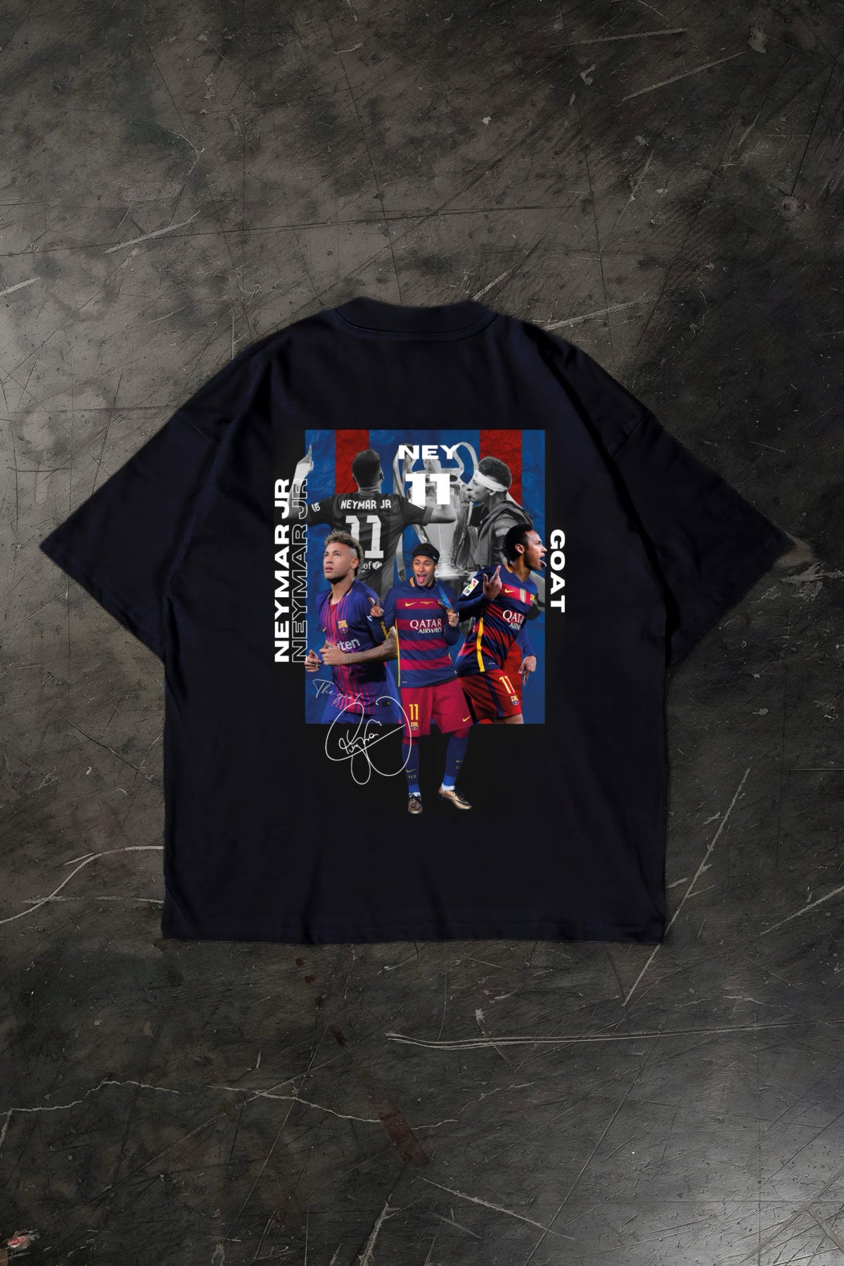 Black t-shirt with Neymar Jr graphic on a textured dark surface