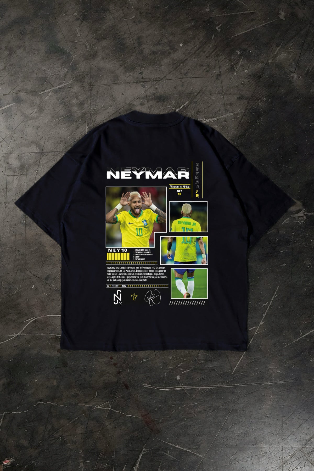 Black t-shirt with Neymar graphics on a dark textured surface
