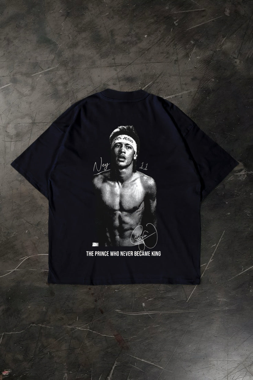 Black t-shirt with a graphic of a Neymar Jr and text on a textured gray background