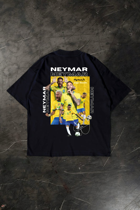 Black t-shirt with Neymar graphic on a dark textured surface