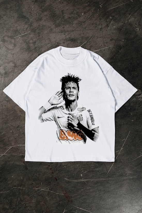 White t-shirt with Neymar Jr design on a textured dark surface