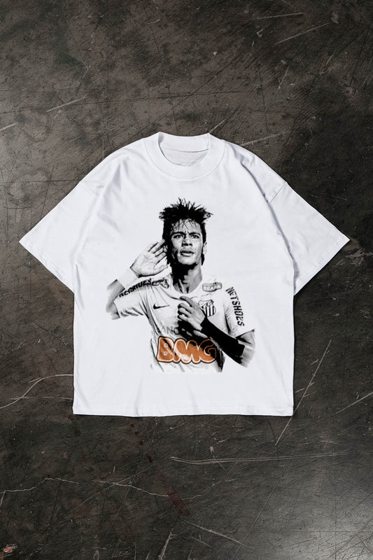 White t-shirt with Neymar Jr design on a textured dark surface